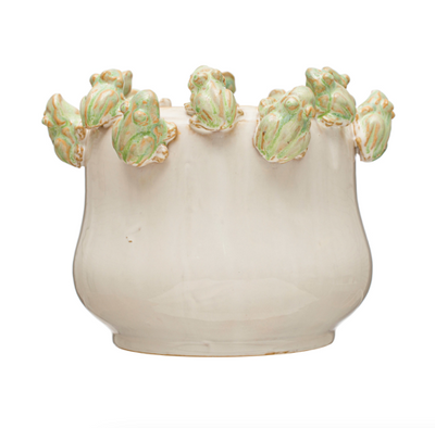 Stoneware Planter w Frogs on Rim White & Green