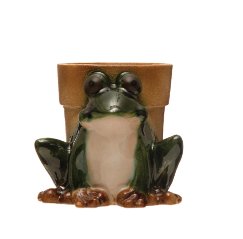 Stoneware Frog Planter Green White & Brown