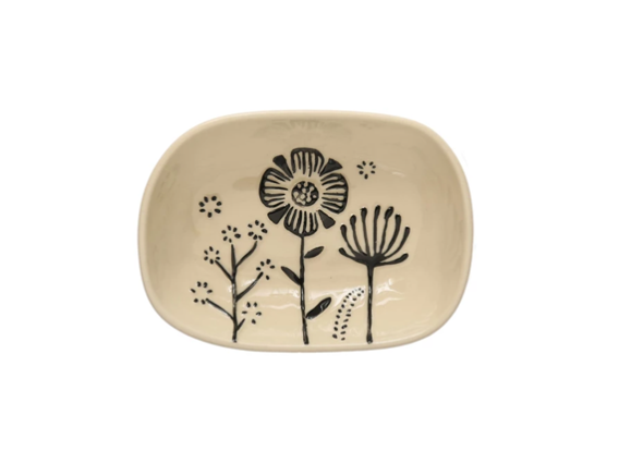 Dish w Embossed Flowers Cream Black