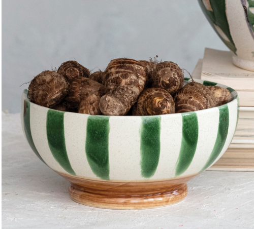 Stoneware Footed Bowl w Stripes