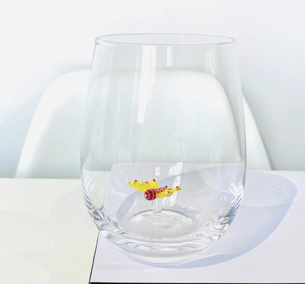 Stemless Wine Glass Yellow Butterfly