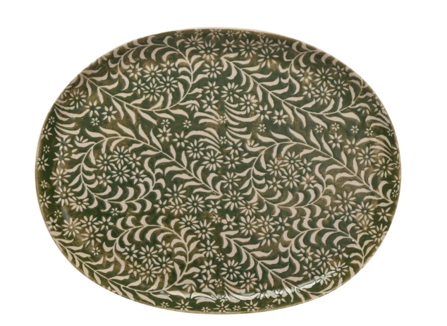 Stoneware Platter Wax Relief Botanicals Green