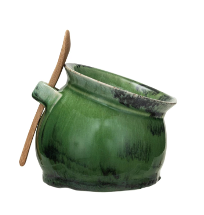 Stoneware Salt Dish w Acacia Wood Spoon
