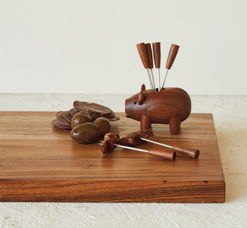 Sapele Wood Pig Shaped Holder Appetizer Forks Set of 7
