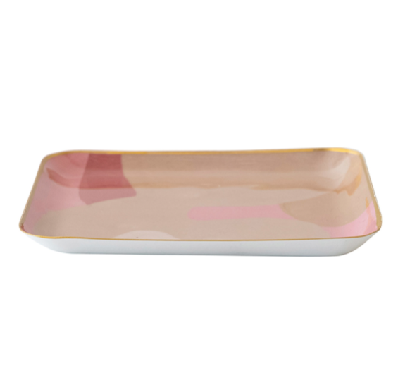 Enameled Metal Tray Abstract Gold Finish Rim