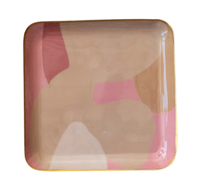 Enameled Metal Tray Abstract Gold Finish Rim