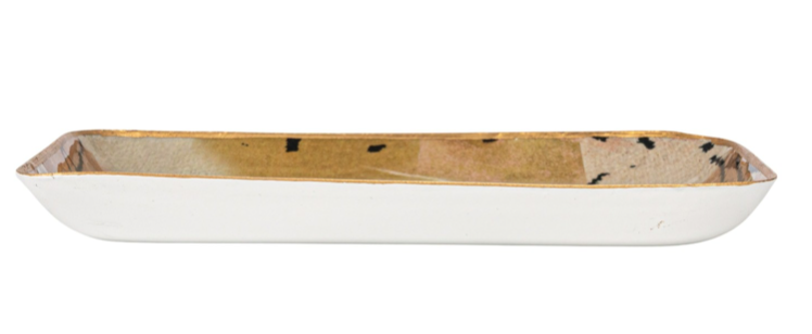 Enameled Metal Tray Abstract Gold Finish Rim
