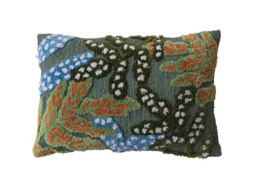 Woven Boucle Fabric Indoor Outdoor Lumbar Pillow w Tufted Botanicals