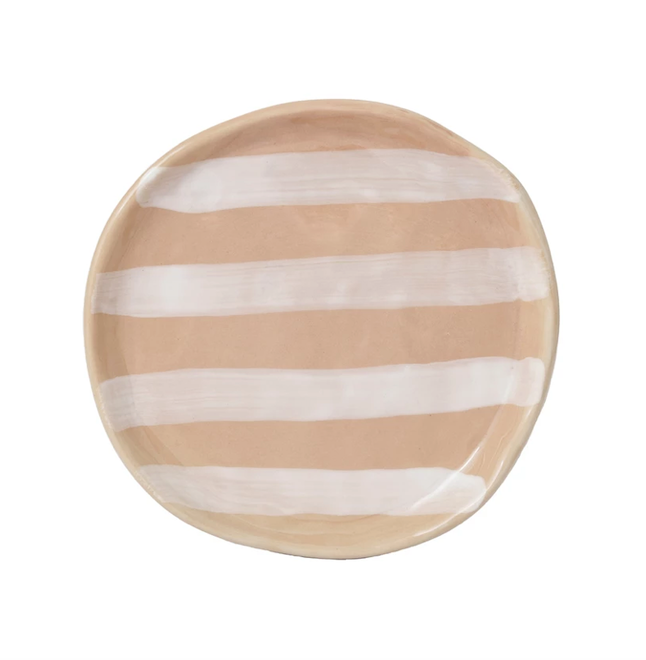 Stoneware Plate Stripes White Tan Color