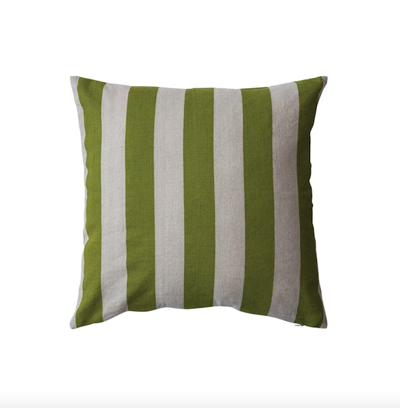 Square Cotton & Linen Printed Pillow w Stripes Green