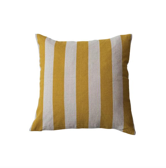 Square Cotton Linen Printed Pillow w Stripes Yellow