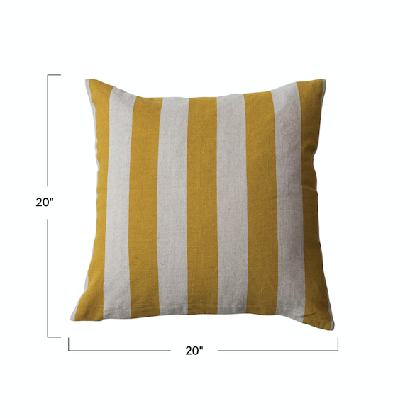 Square Cotton Linen Printed Pillow w Stripes Yellow