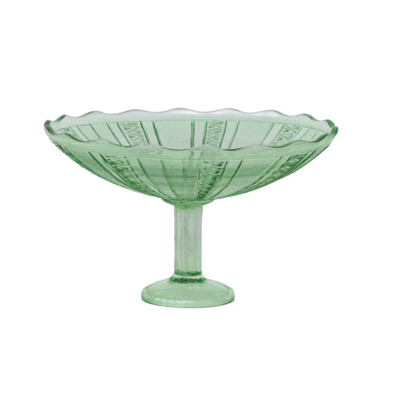 Pressed Glass Footed Bowl w/ Scalloped Edge, Green