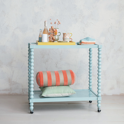 Rubberwood Lacquered 2 Tier Bar Cart on Casters Blue