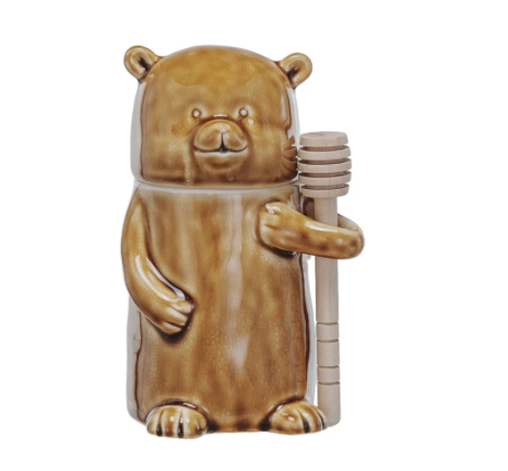 Stoneware Honey Jar w Wood Honey Dipper Set of 2