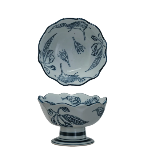 Stoneware Footed Bowl w Botanicals