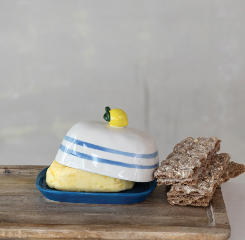 Stoneware Butter Dish with Finial Stripes