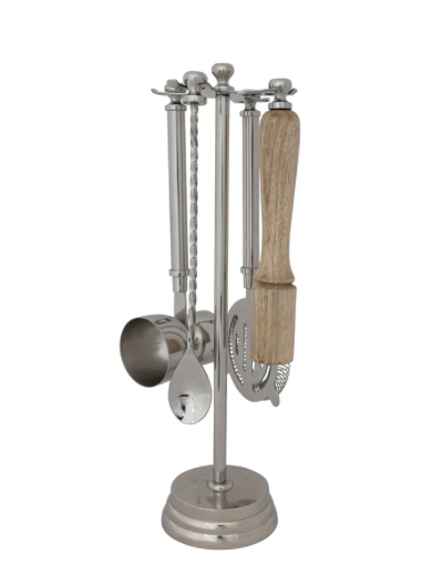 Stainless Steel Mango Wood Bar Tools with Stand Set of 5