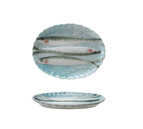 Oval Stoneware Scalloped Plate with 3D Fish
