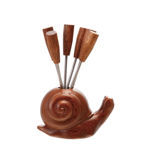 Wood Snail Shaped Holder w Appetizer Picks
