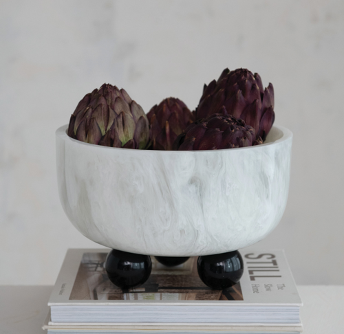 Marbled Resin Bowl Ball Feet White Black