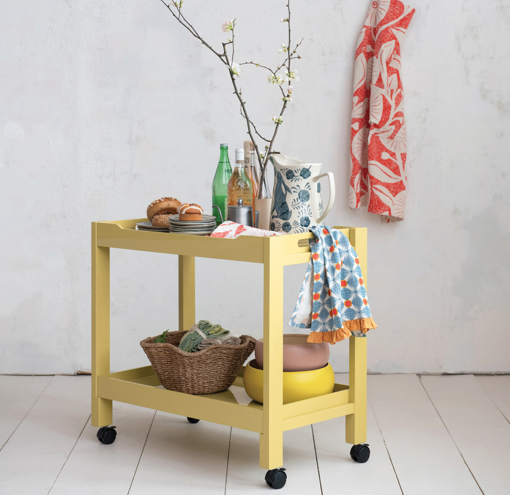 Acacia Wood Lacquered 2Tier Bar Cart on Casters Yellow
