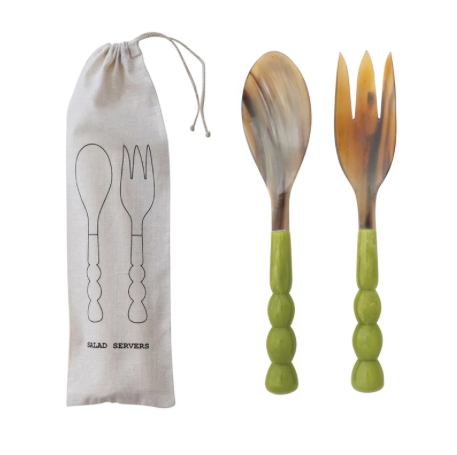 Natural Horn Salad Servers Marbled Resin Set of 2