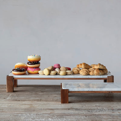 Marble Acacia Wood Nesting Pedestal