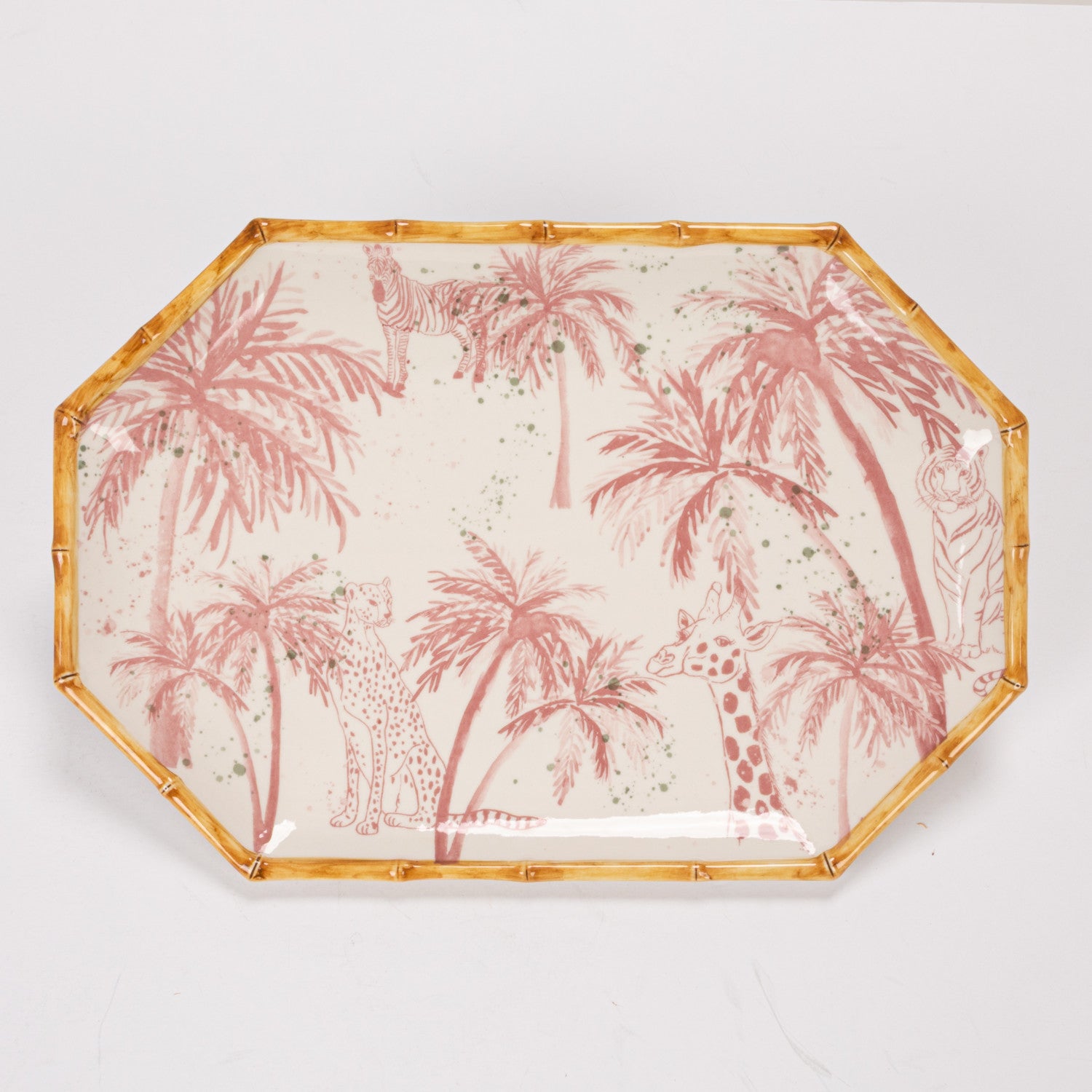 Octagon Shaped Platter wPalm Trees Animals Bamboo