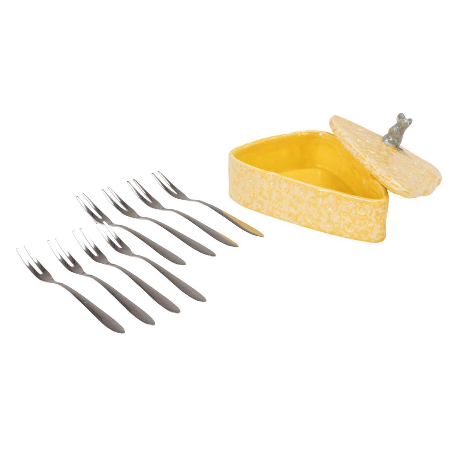 Cheese Shaped Container w Lid 8 Appetizer Forks Set