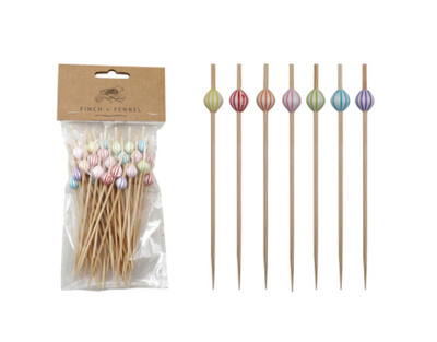 Bamboo Single Use Picks w Striped Ball Multi