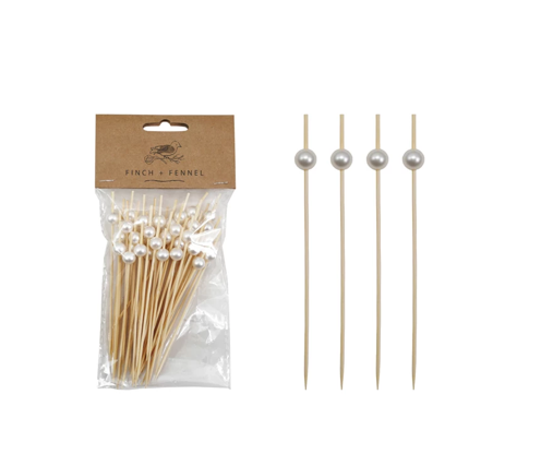 Bamboo Single Use Picks w Faux Pearl Handles