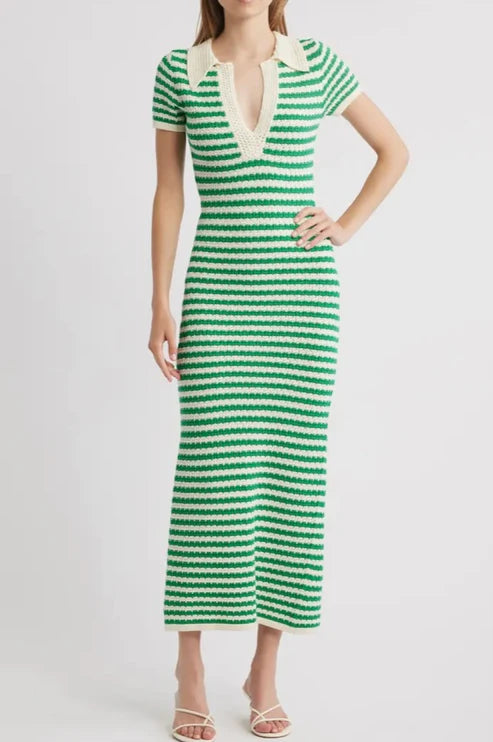 Johnny Collar Crochet Dress Green