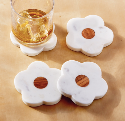 Marble & Wood Flower Coaster Set Of 4