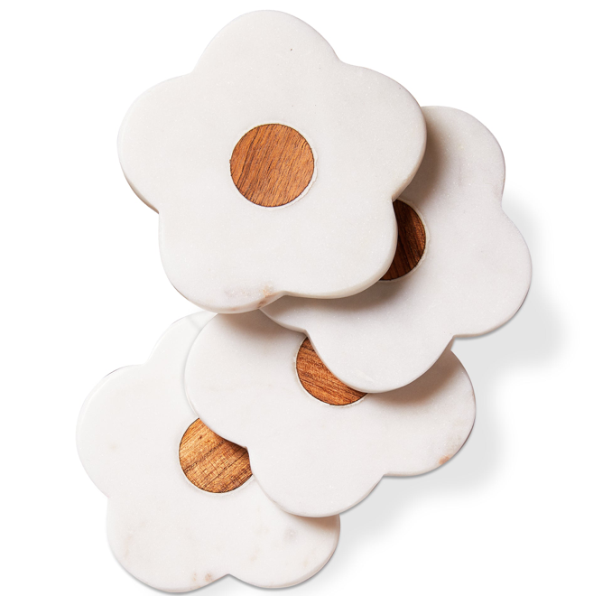 Marble & Wood Flower Coaster Set Of 4