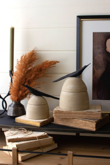 Clay Canisters with Wooden Bird Handles