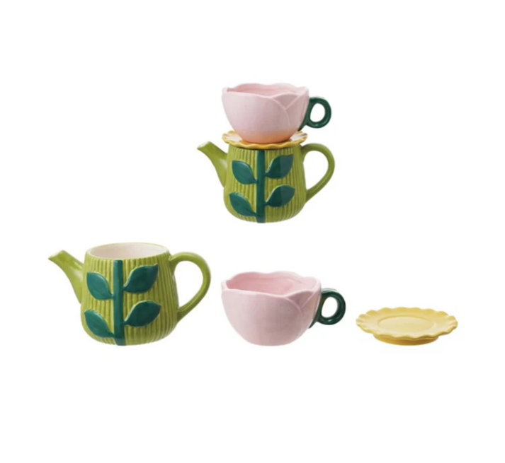 Ceramic Teapot w Rose Shaped Mug Saucer Set