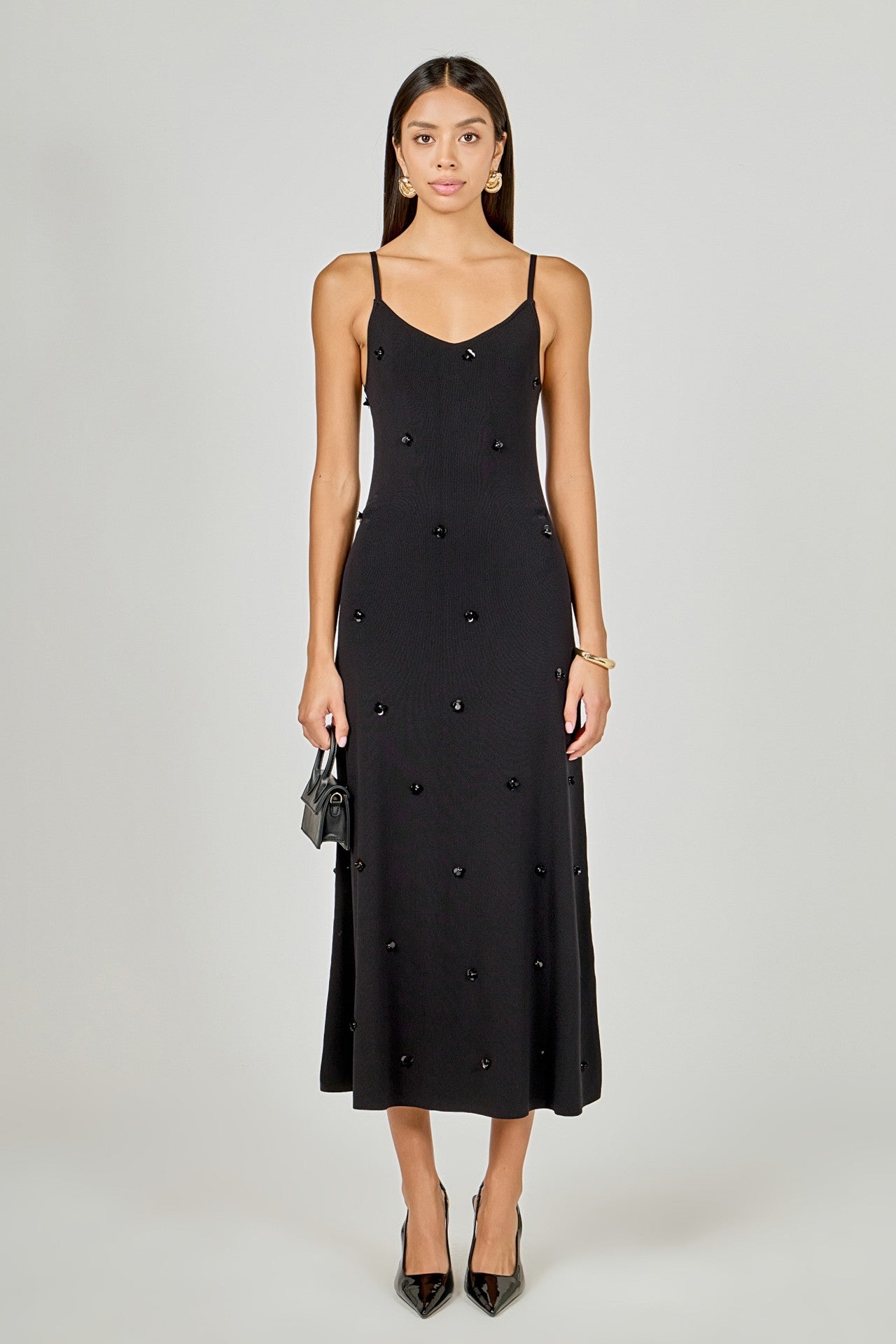 Embellished Knit Midi Dress Black