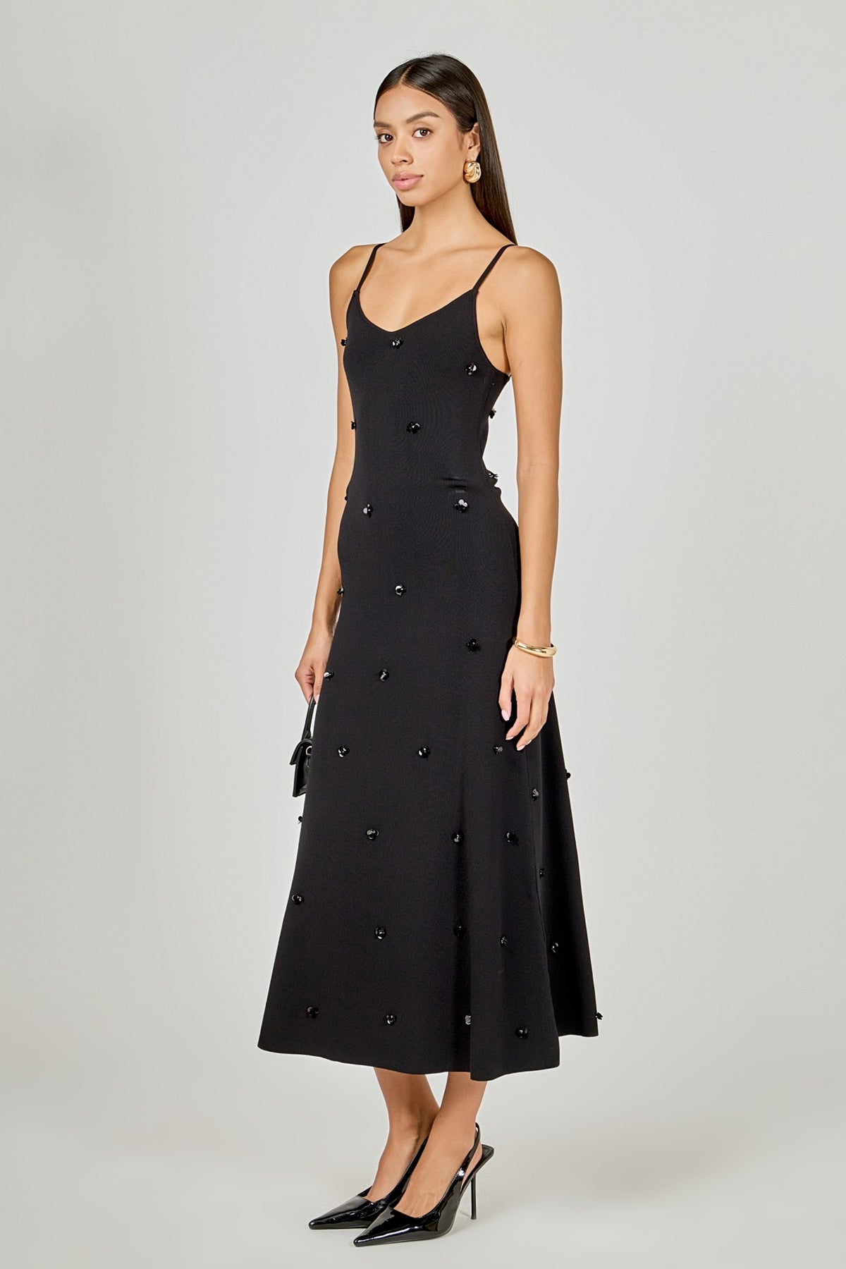 Embellished Knit Midi Dress Black