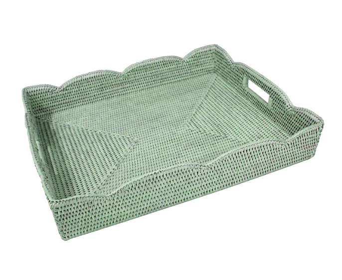 Rattan Scalloped Small Tray in Green