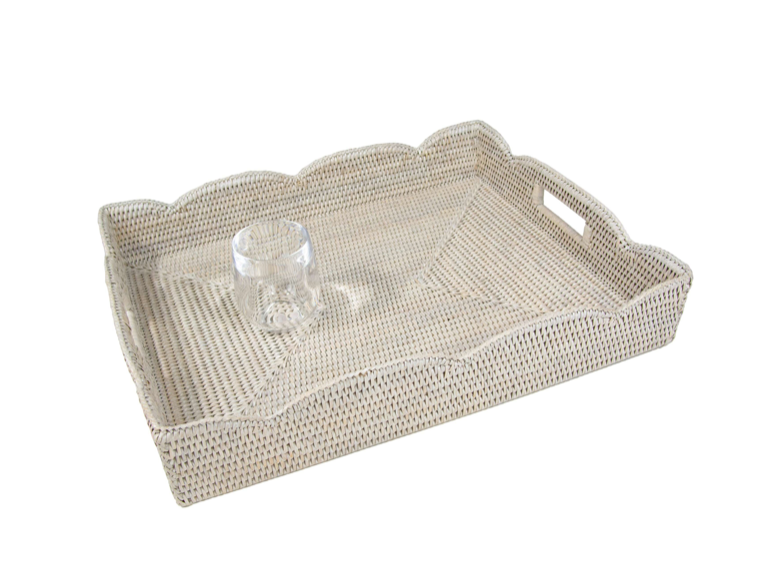 Rattan Scalloped Large Tray in Cream