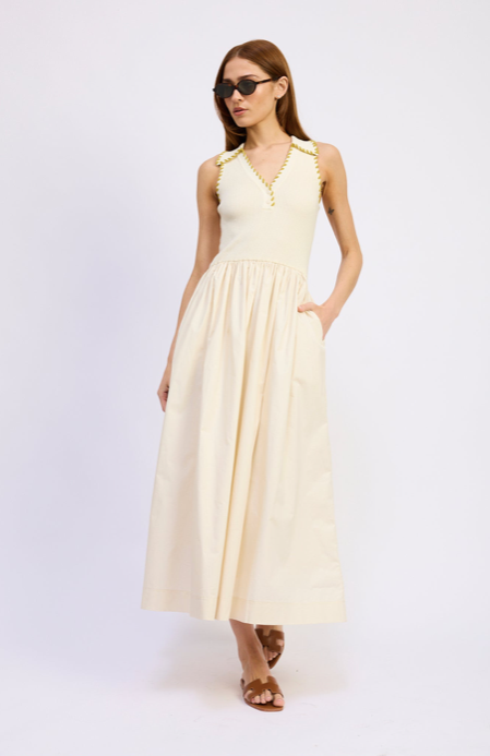 Rosalie Mixed Media Midi Dress Off White Chartreu