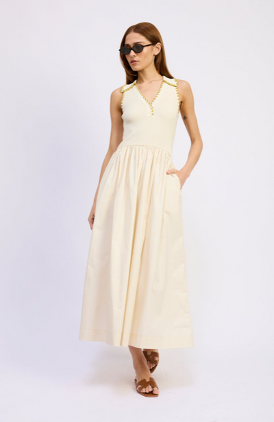 Rosalie Mixed Media Midi Dress Off White Chartreu