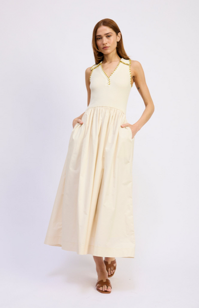 Rosalie Mixed Media Midi Dress Off White Chartreu