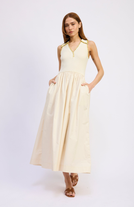 Rosalie Mixed Media Midi Dress Off White Chartreu