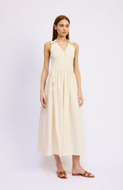 Rosalie Mixed Media Midi Dress Off White Chartreu