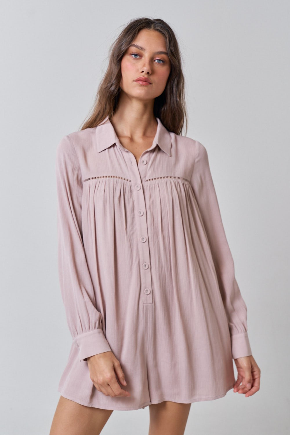 Up Long Sleeve Romper Taupe