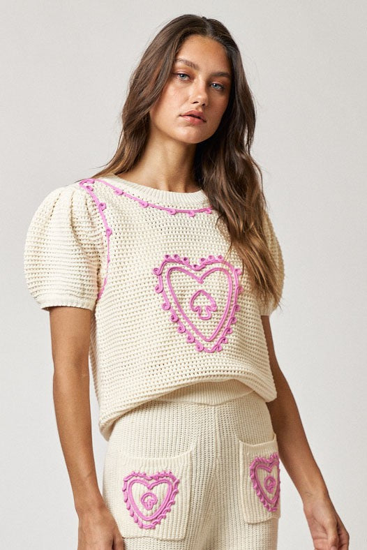 Puff Sleeve Sweater Top Cream Pink