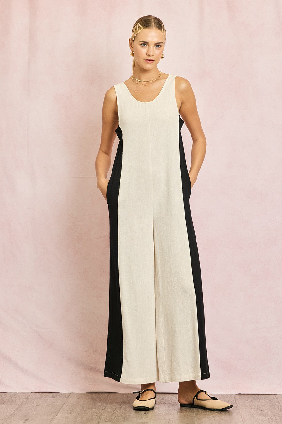 Linen Contrast Side Jumpsuit Natural