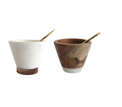 Marble Mango Wood Pinch Pot w Brass Spoon